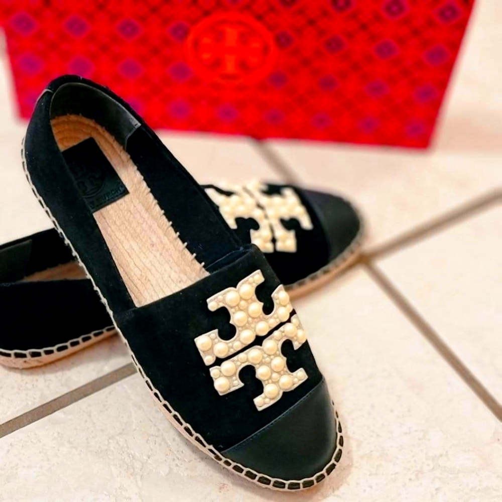 Tory Burch Black Espadrilles with Pearl Logo